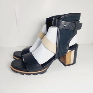 Sorel Women's Addington Cuff US 9 Black Leather Colorblock Stacked Heel Sandal